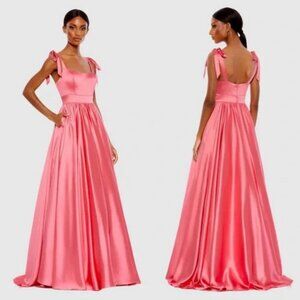 Mac Duggal Coral Pink Tie Shoulder Satin Ballgown